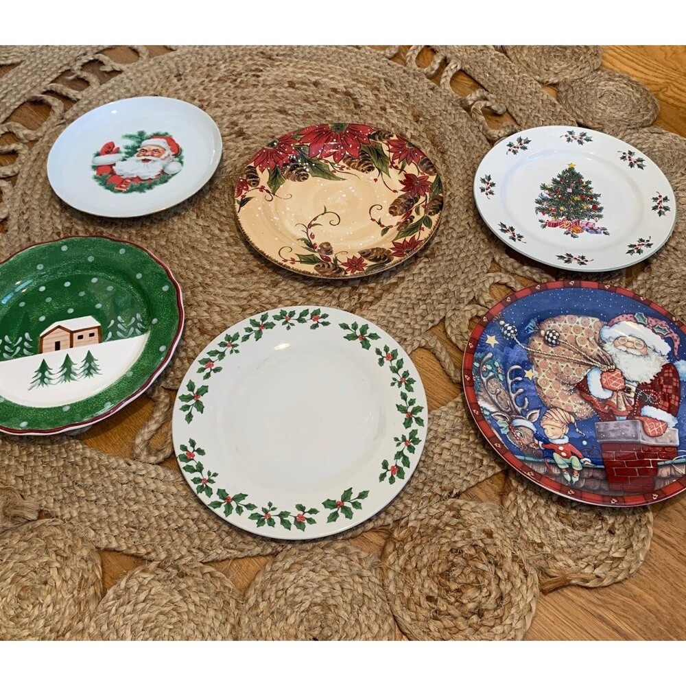 Lot of 6 Mismatched Christmas Dinner Plates 10" Vintage Holiday Dinnerware